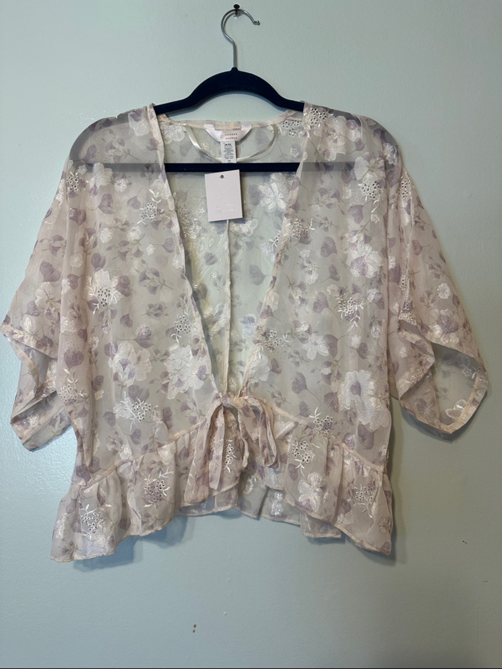 LC Lauren Conrad Sheer Floral Tie-Front Kimono Top - Light Lavender & Cream